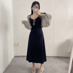 ロングワンピース ロングノースリーブフレアワンピース NAVY