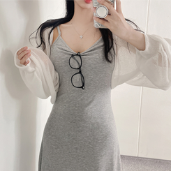 ロングワンピース ロングノースリーブフレアワンピース GRAY
