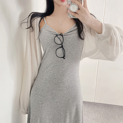 ロングワンピース ロングノースリーブフレアワンピース GRAY