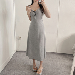ロングワンピース ロングノースリーブフレアワンピース GRAY