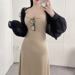 ロングワンピース ロングノースリーブフレアワンピース BEIGE