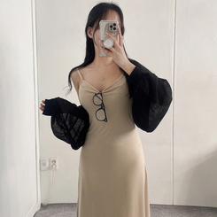ロングワンピース ロングノースリーブフレアワンピース BEIGE