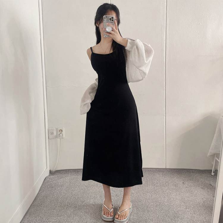 ロングワンピース ロングノースリーブフレアワンピース BLACK