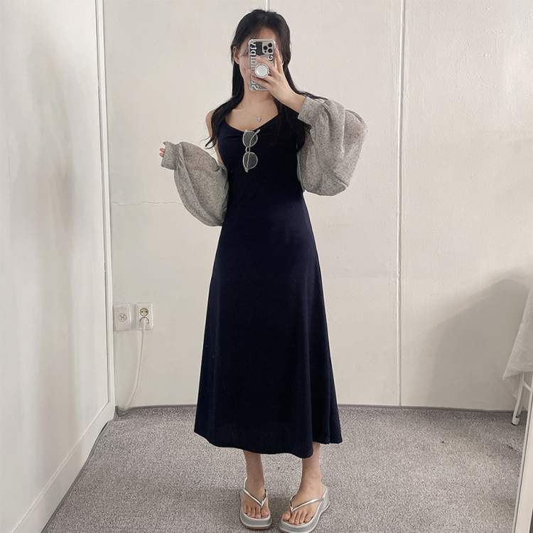ロングノースリーブフレアワンピース NAVY