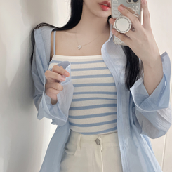 シャツ 【SET】ストライプニットキャミソール シースルーシャツ SKYBLUE