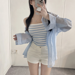 シャツ 【SET】ストライプニットキャミソール シースルーシャツ SKYBLUE