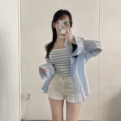 シャツ 【SET】ストライプニットキャミソール シースルーシャツ SKYBLUE