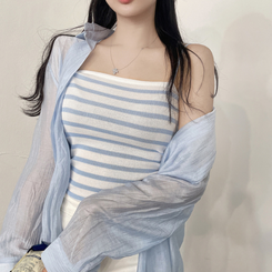 シャツ 【SET】ストライプニットキャミソール シースルーシャツ SKYBLUE