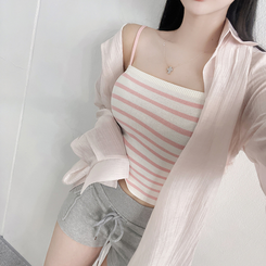 シャツ 【SET】ストライプニットキャミソール シースルーシャツ PINK