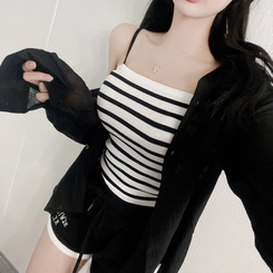 シャツ 【SET】ストライプニットキャミソール シースルーシャツ BLACK