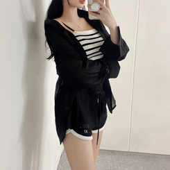 シャツ 【SET】ストライプニットキャミソール シースルーシャツ BLACK