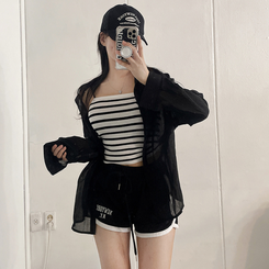 シャツ 【SET】ストライプニットキャミソール シースルーシャツ BLACK