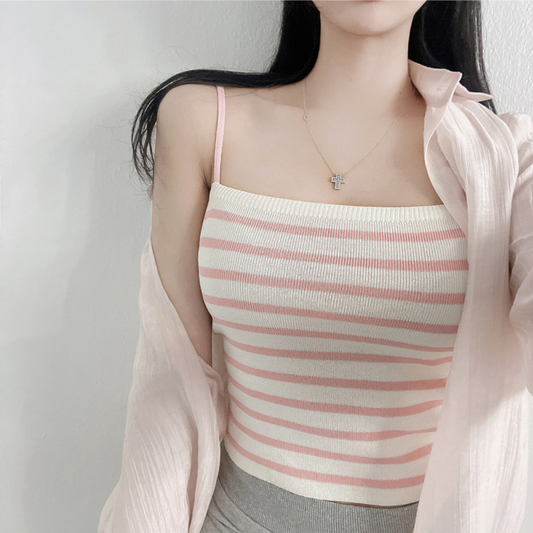 【SET】ストライプニットキャミソール シースルーシャツ PINK