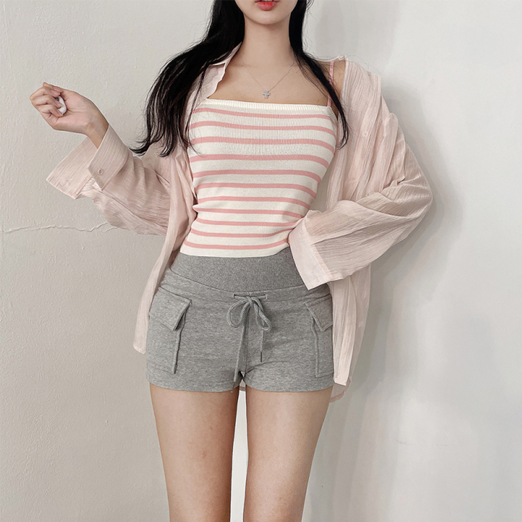 【SET】ストライプニットキャミソール シースルーシャツ PINK
