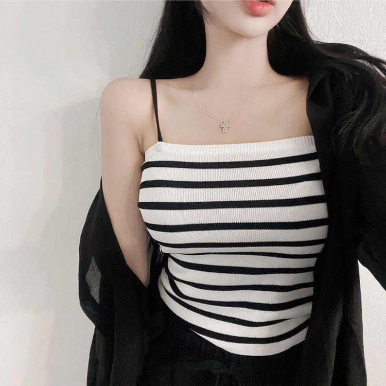 【SET】ストライプニットキャミソール シースルーシャツ BLACK