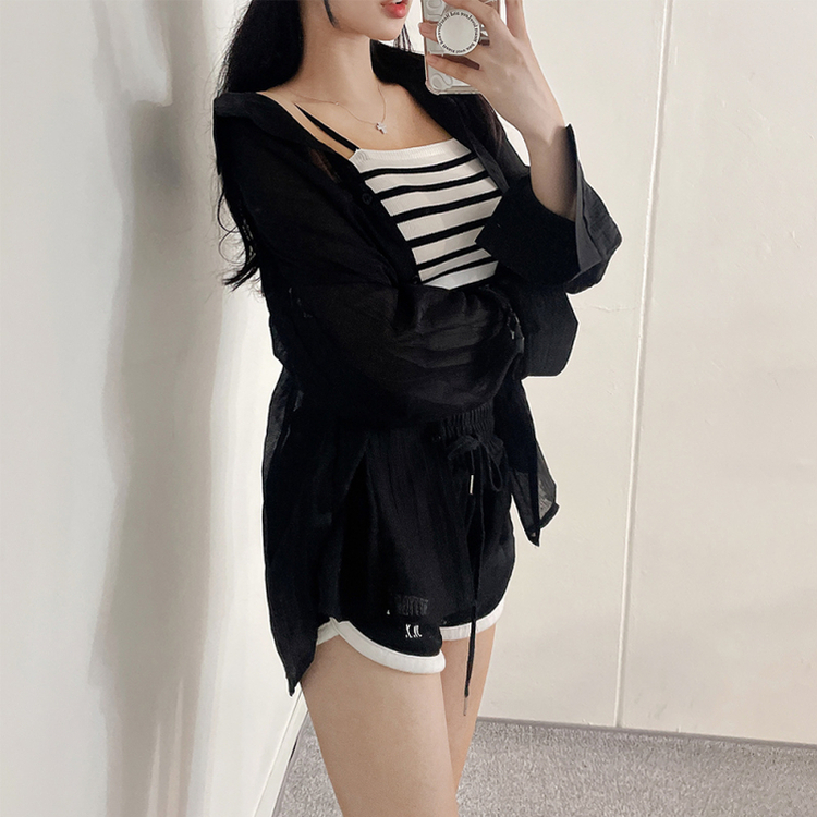 【SET】ストライプニットキャミソール シースルーシャツ BLACK