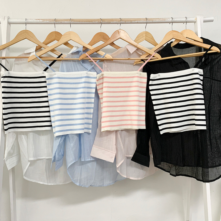 【SET】ストライプニットキャミソール シースルーシャツ