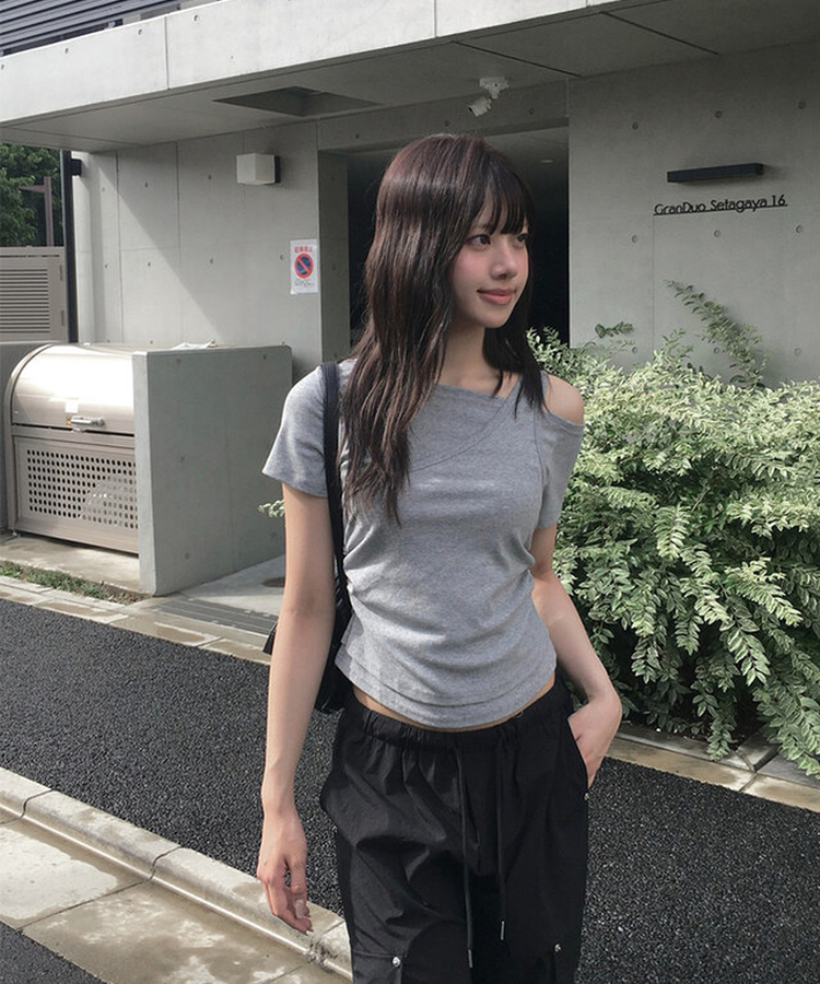 半袖Tシャツ レイヤードシャーリングオフキャミソールTシャツ GREY