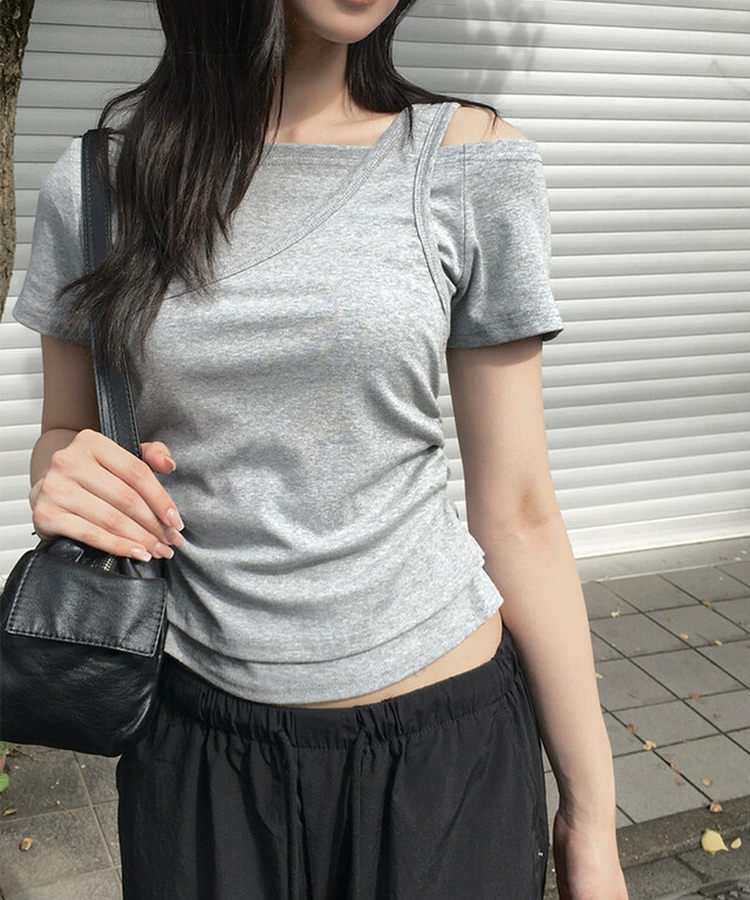 半袖Tシャツ レイヤードシャーリングオフキャミソールTシャツ GREY