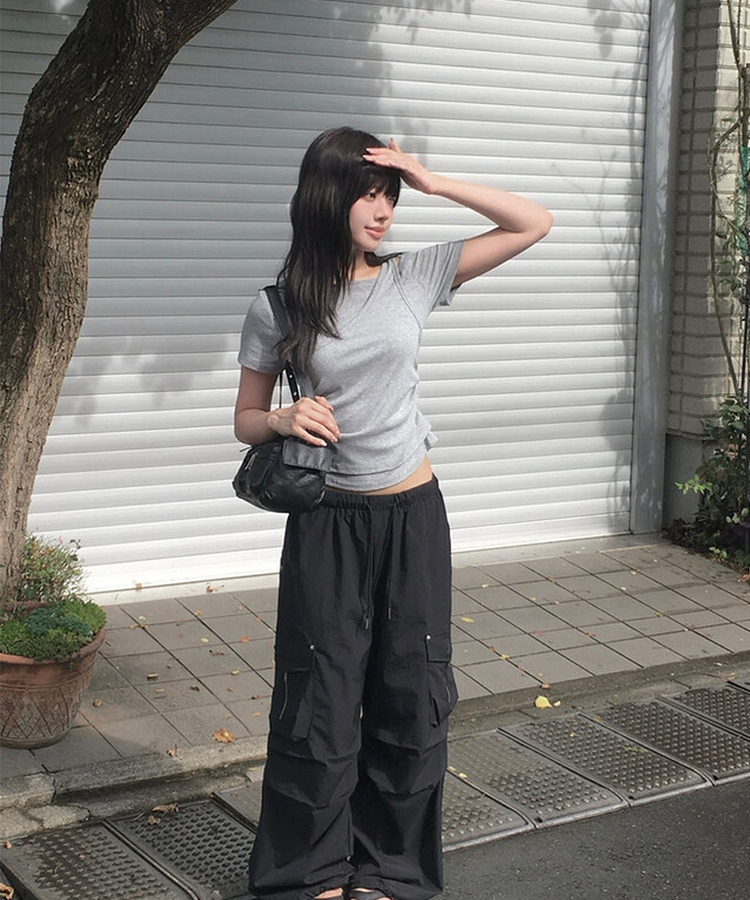 半袖Tシャツ レイヤードシャーリングオフキャミソールTシャツ GREY