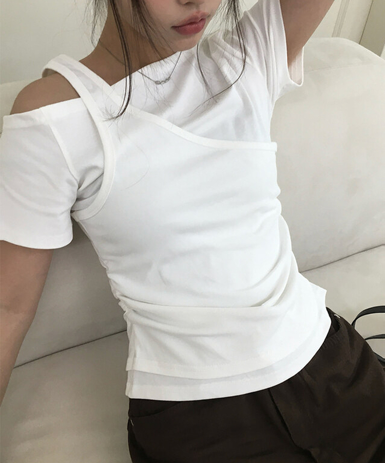半袖Tシャツ レイヤードシャーリングオフキャミソールTシャツ WHITE