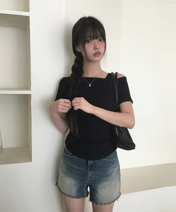 半袖Tシャツ レイヤードシャーリングオフキャミソールTシャツ BLACK