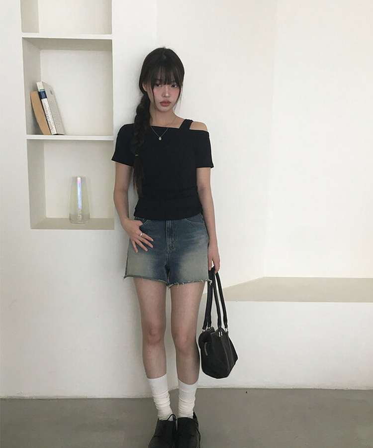 半袖Tシャツ レイヤードシャーリングオフキャミソールTシャツ BLACK