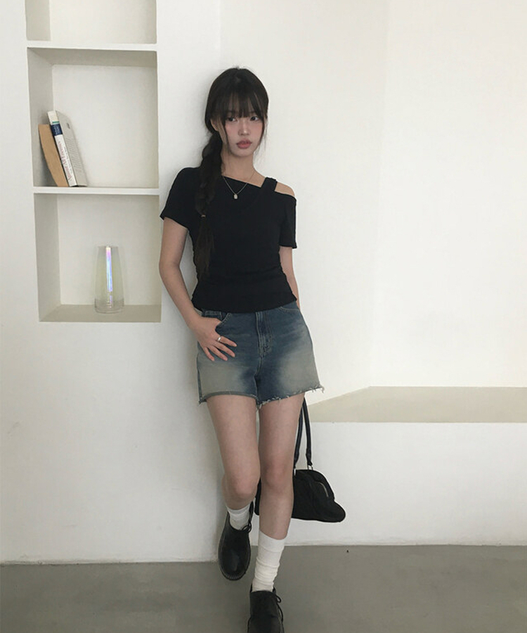 半袖Tシャツ レイヤードシャーリングオフキャミソールTシャツ BLACK