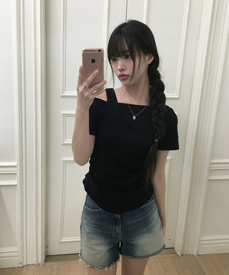半袖Tシャツ レイヤードシャーリングオフキャミソールTシャツ BLACK