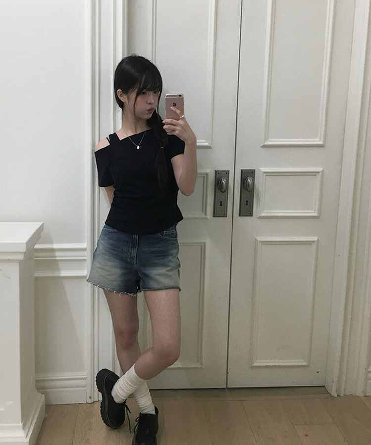 半袖Tシャツ レイヤードシャーリングオフキャミソールTシャツ BLACK
