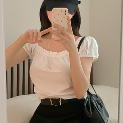 ブラウス シャーリングスクエア半袖ブラウス WHITE