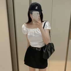 ブラウス シャーリングスクエア半袖ブラウス WHITE