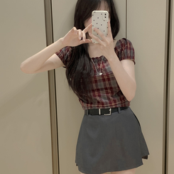 ブラウス シャーリングスクエア半袖ブラウス CHECK RED(
