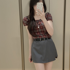 ブラウス シャーリングスクエア半袖ブラウス CHECK RED(