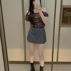 ブラウス シャーリングスクエア半袖ブラウス CHECK RED(
