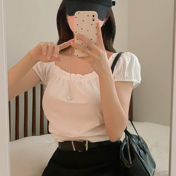 シャーリングスクエア半袖ブラウス WHITE