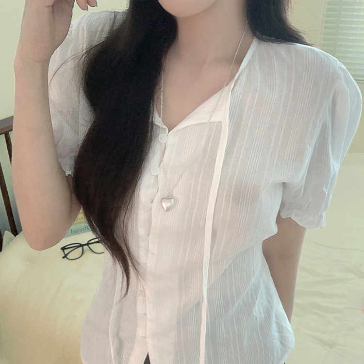 パンチングパフ半袖ブラウス WHITE