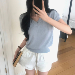 ニット キャップ袖Vネック半袖ニット(5color) SKY BLUE