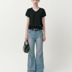 ニット キャップ袖Vネック半袖ニット(5color) BLACK