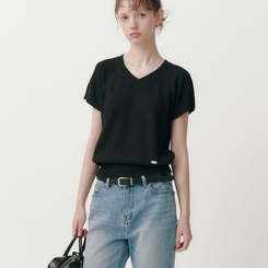 ニット キャップ袖Vネック半袖ニット(5color) BLACK