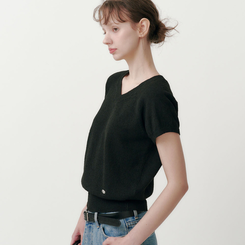 ニット キャップ袖Vネック半袖ニット(5color) BLACK