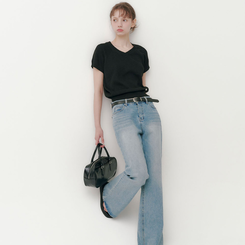 ニット キャップ袖Vネック半袖ニット(5color) BLACK