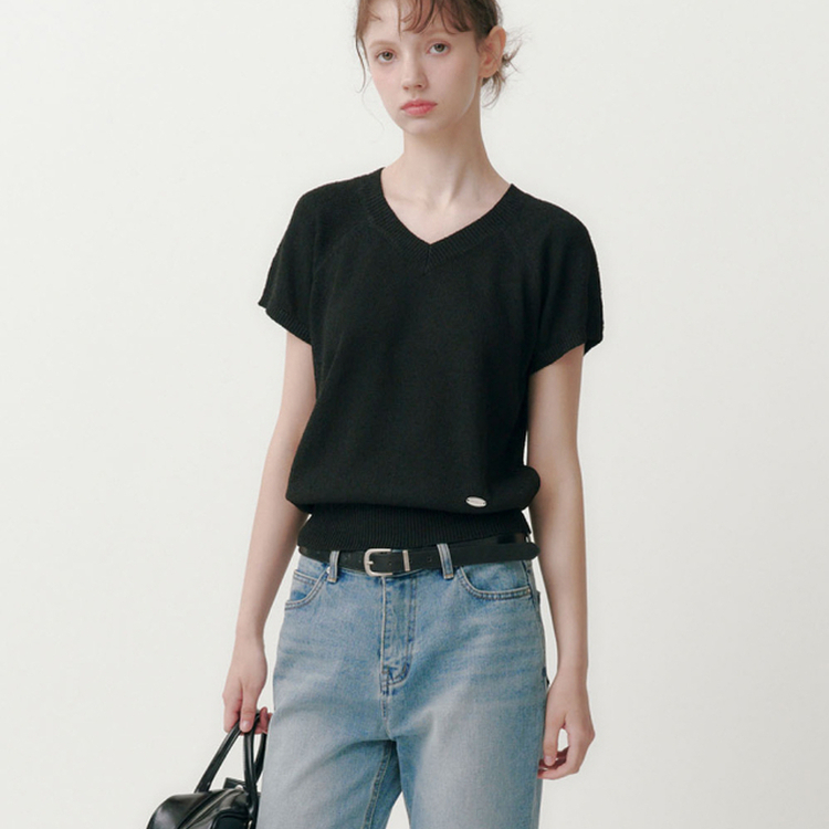 キャップ袖Vネック半袖ニット(5color) BLACK