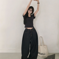 レタリングUネック半袖Tシャツ CHARCOAL