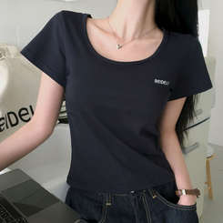 レタリングUネック半袖Tシャツ CHARCOAL