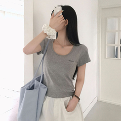 レタリングUネック半袖Tシャツ GREY