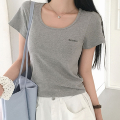 レタリングUネック半袖Tシャツ GREY