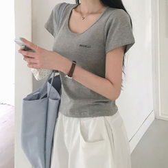 レタリングUネック半袖Tシャツ GREY