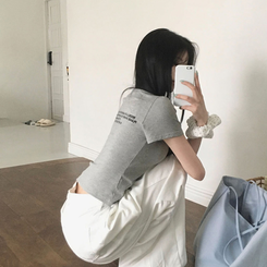 レタリングUネック半袖Tシャツ GREY