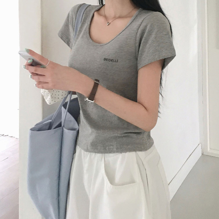 レタリングUネック半袖Tシャツ GREY